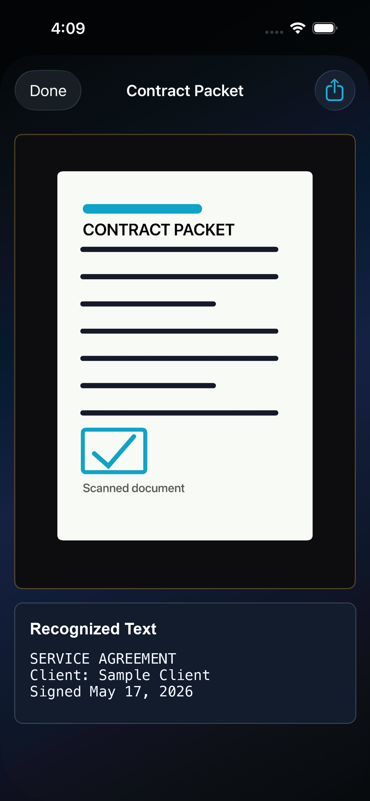 SaneScan document detail showing recognized text and PDF export