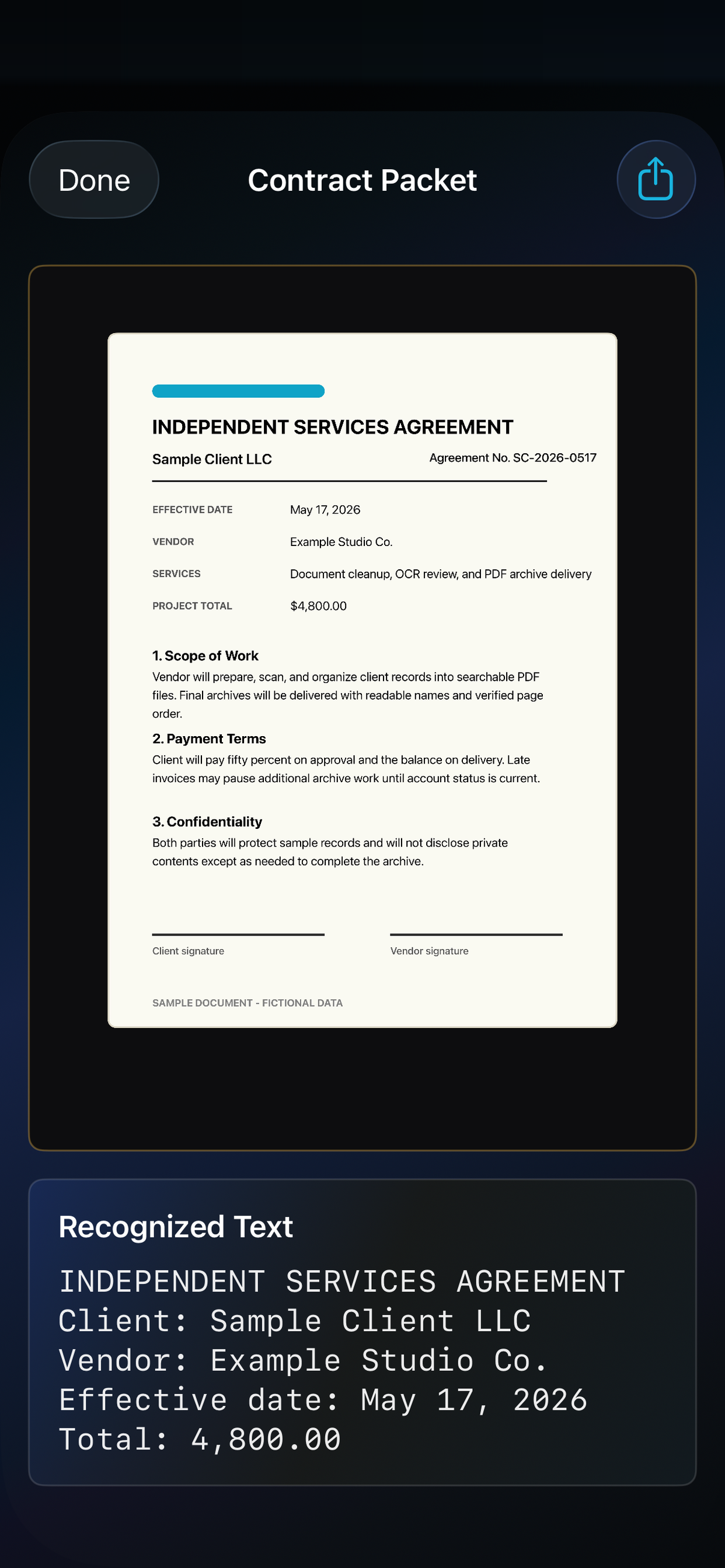 SaneScan document detail view with recognized text and PDF export controls