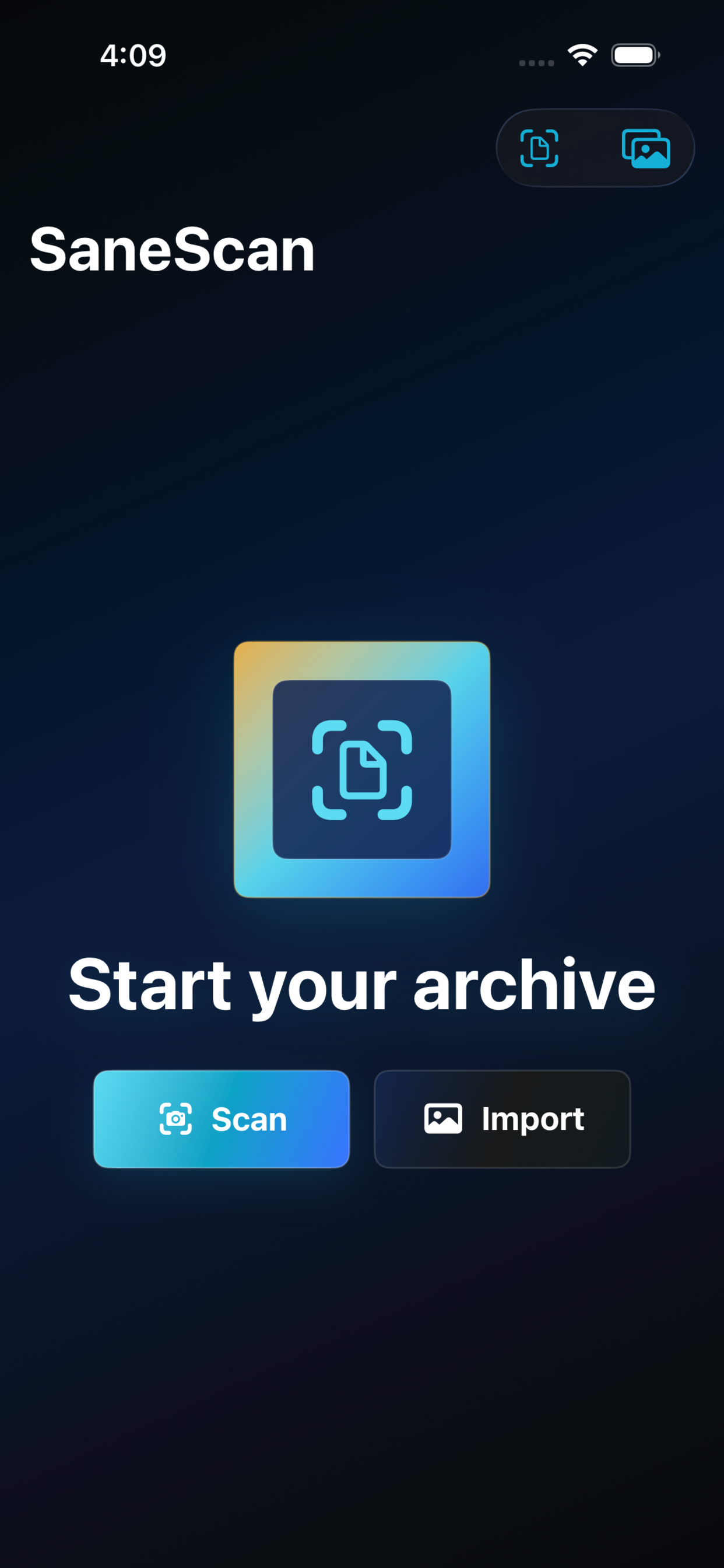 SaneScan start screen with scan and import actions